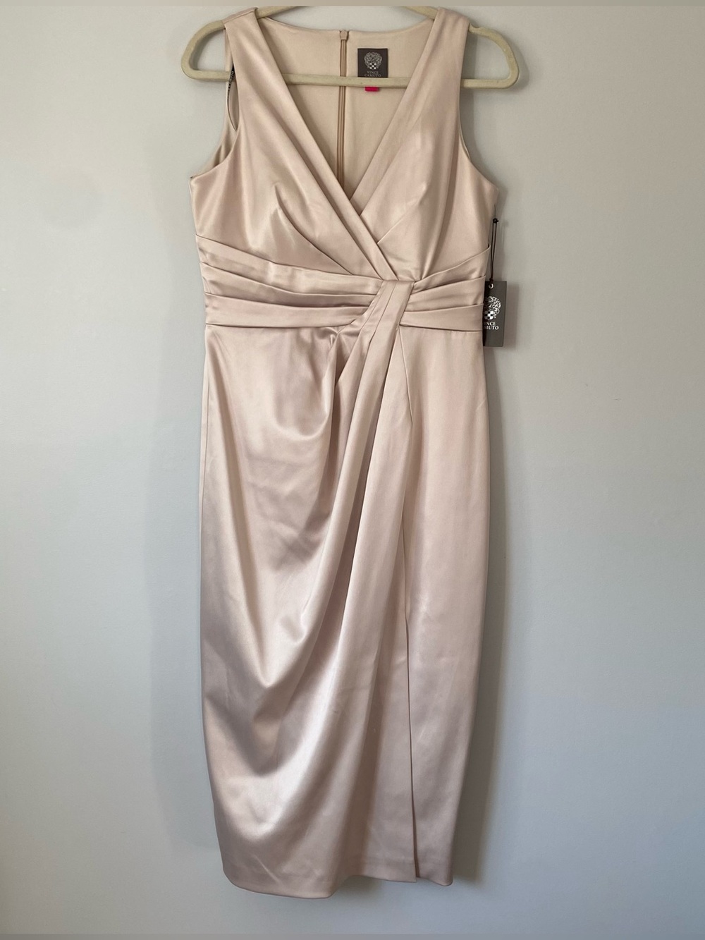 Vince Camuto Satin V-Neck Wrap Midi Cocktail Dress